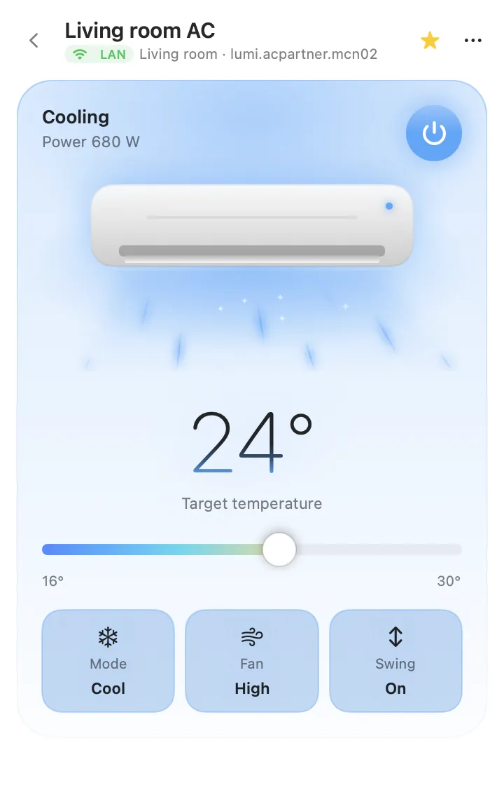 Air conditioner page: cooling, target temperature 24 degrees, with mode, fan speed and swing controls.