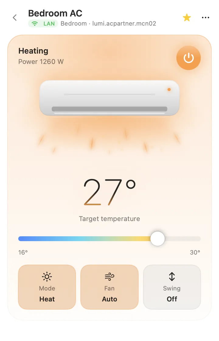 Air conditioner page in heating mode, tinted orange.