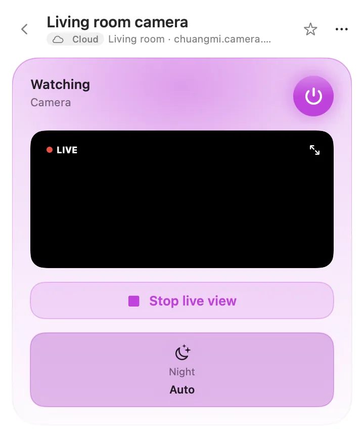 Camera page playing live video, with a button to stop and a night mode setting.