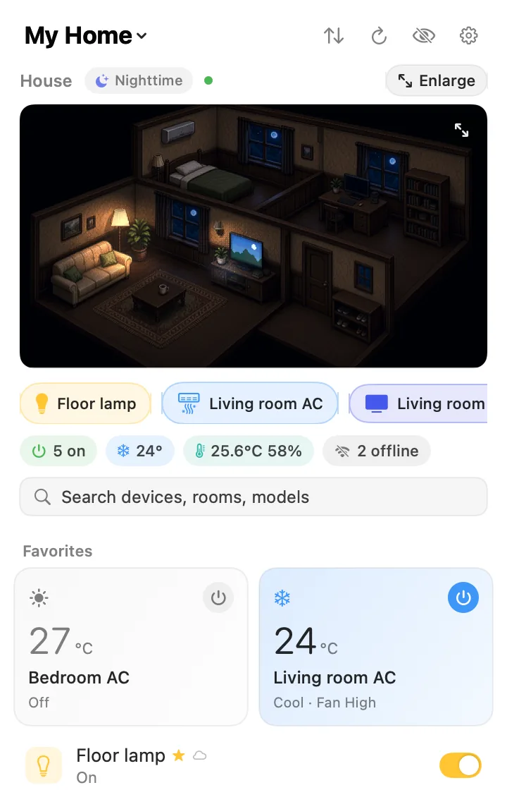 Device list with the isometric house cutaway at the top; lights glow only where a device is on.