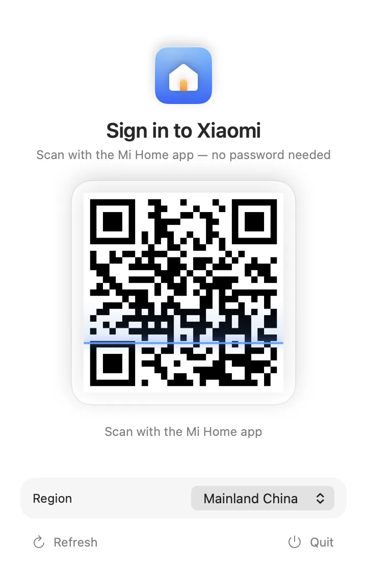 MijiaBar sign-in screen with a QR code to scan with the Mi Home app.