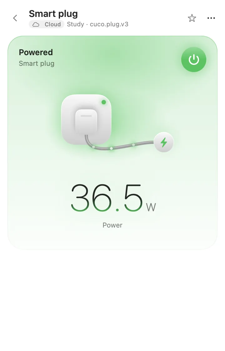 Smart plug page showing the current power draw.