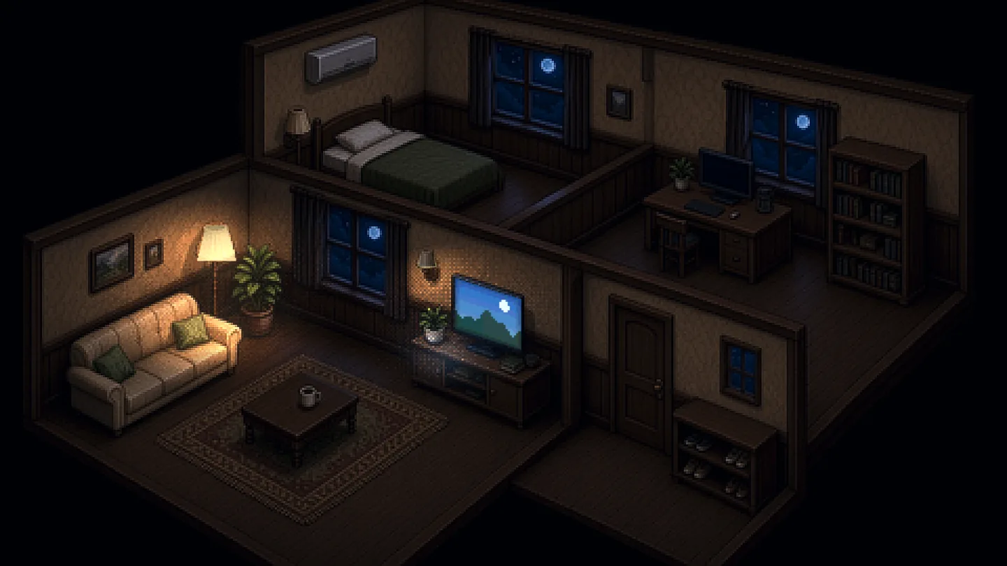 Pixel-art isometric house cutaway at night: only the living-room floor lamp and TV are on, so only those spots glow; every other room stays dark.
